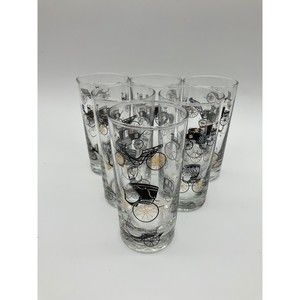 Set 6 Libbey Highball Drinking Glasses Stagecoach Carriage Horses Black Gold